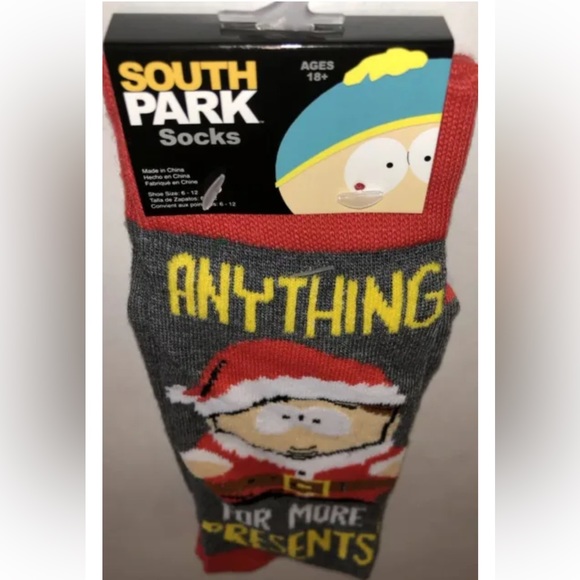 South Park Crew Socks 1 Pair Men 6-12 Gray Red Santa More Presents Christmas NEW - Picture 9 of 9